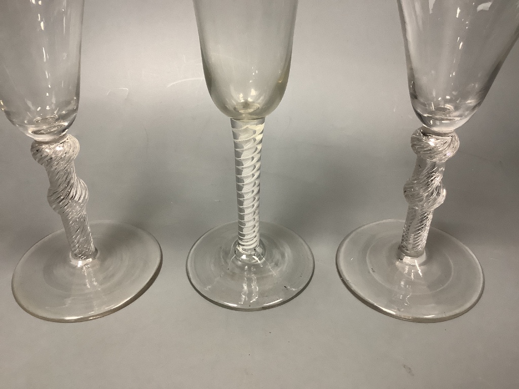 A George III double series opaque twist ale glass and pair of George III style air twist wine glasses, tallest 20cm